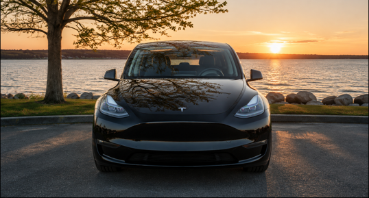 Craig's black Tesla Model Y parked beside the water at sunset